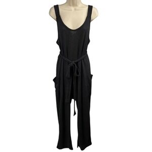 Free People Intimately Waffle Knit Jumpsuit Black Belted Pockets Low Back L